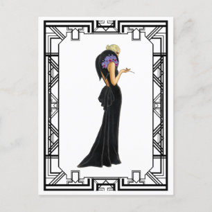 Vintage Schwarzes Abendkleid aus den 1930er Jahren Postkarte