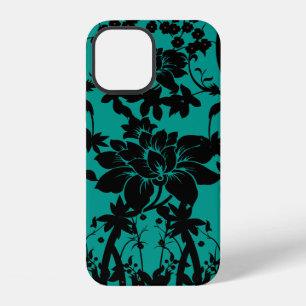 Vintage schwarzes Blumendesign auf Pfauengrün iPhone Hülle