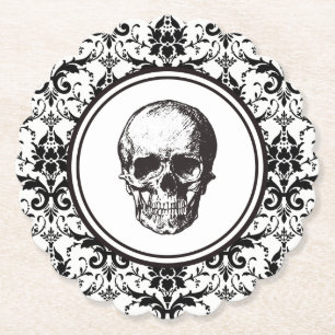 Vintage schwarzes Damast-Muster-Totenkopf HALLOWEE Untersetzer