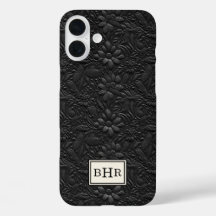 Vintage schwarzes, geprägtes Leder mit Monogramm