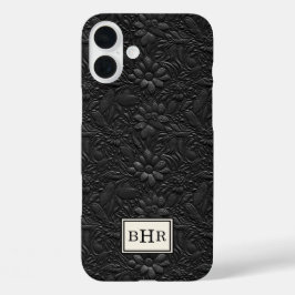 Vintage schwarzes, geprägtes Leder mit Monogramm iPhone 16 Plus Hülle