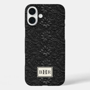 Vintage schwarzes, geprägtes Leder mit Monogramm iPhone 16 Plus Hülle