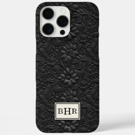 Vintage Schwarzes Getriebenes Leder Monogramm iPhone 16 Pro Max Hülle
