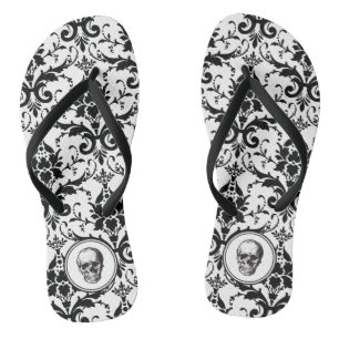 Vintage schwarzes gotisches Damastmuster Totenkopf Badesandalen