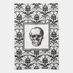 Vintage schwarzes gotisches Muster Totenkopf Hallo Geschirrtuch