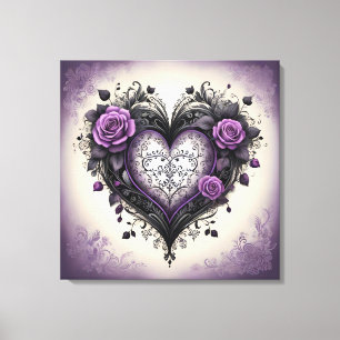 Vintage Schwarzes Herz und violette Rosen im gotis Leinwanddruck