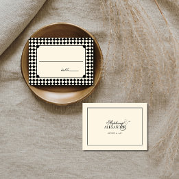 Vintage schwarzes kariertes Old Money Hochzeit Platzkarte