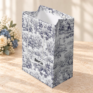 Vintage schwarzes Toile-de-Jouy-Blumenmonogramm Mittlere Geschenktüte