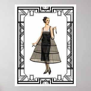 Vintage schwarzes und weißes Flapper-Abendkleid Poster