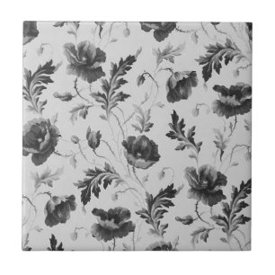 Vintage schwarzes und weißes Mohnblumenmuster Fliese