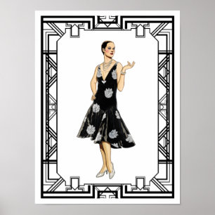 Vintage schwarzes und weißes Perlenkleid aus den 1 Poster
