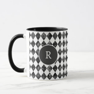 vintage schwarzes und weißes Schachbrett-Monogramm Tasse