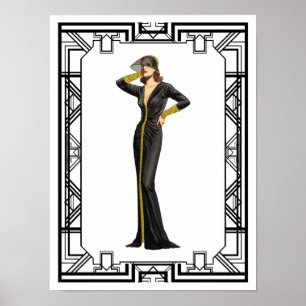 Vintage schwarzes und weißes Slinky Seidenkleid Mo Poster