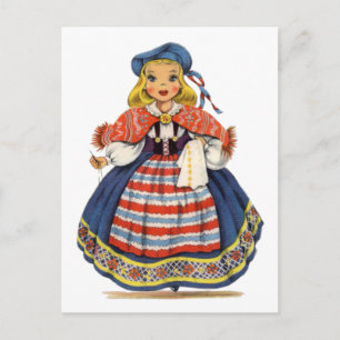 Vintage schwedisches Mädchen in traditioneller Tra Postkarte