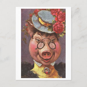 Vintage Schwein mit Stil Postkarte