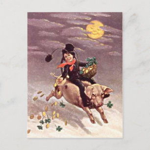 Vintage-Schwein-Mond-Gold-Kleeblatt-St.-Patricks-T Postkarte