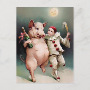 Vintage-Schwein trinkt Neujahr Postkarte