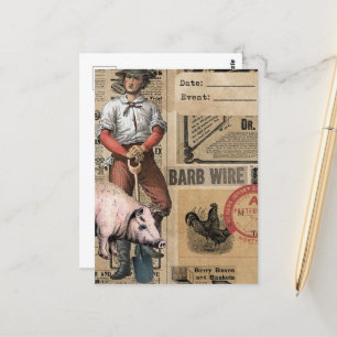 Vintage Schweinekollage und Bauer Postkarte
