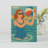 Vintage Schwimmer mit Strandball Einladung (Stehend Vorderseite)