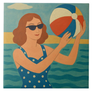 Vintage Schwimmer mit Strandball Fliese