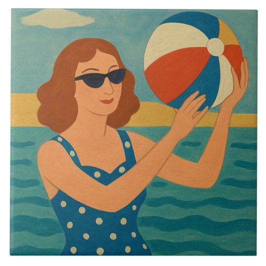 Vintage Schwimmer mit Strandball Fliese (Vorderseite)