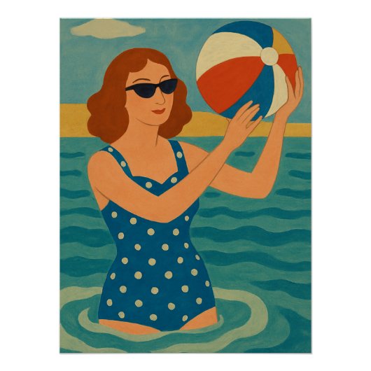 Vintage Schwimmer mit Strandball Poster (Vorderseite)