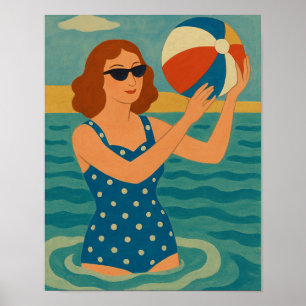 Vintage Schwimmer mit Strandball Poster