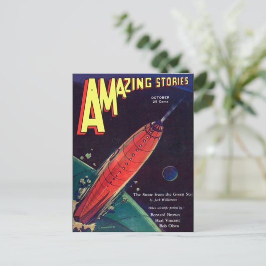 Vintage Sci Fi Art Rocket Postkarte (Stehend Vorderseite)