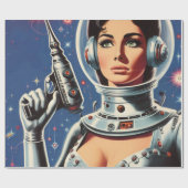 Vintage-Sci-Fi-Astronautin-Mädchen Geschenkpapier (Flach)