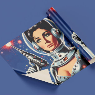 Vintage-Sci-Fi-Astronautin-Mädchen Geschenkpapier