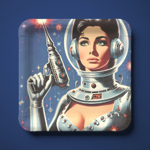 Vintage-Sci-Fi-Astronautin Pappteller