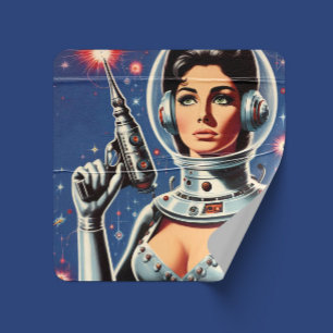 Vintage-Sci-Fi-Astronautin Quadratischer Aufkleber