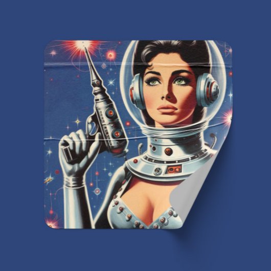 Vintage-Sci-Fi-Astronautin Quadratischer Aufkleber