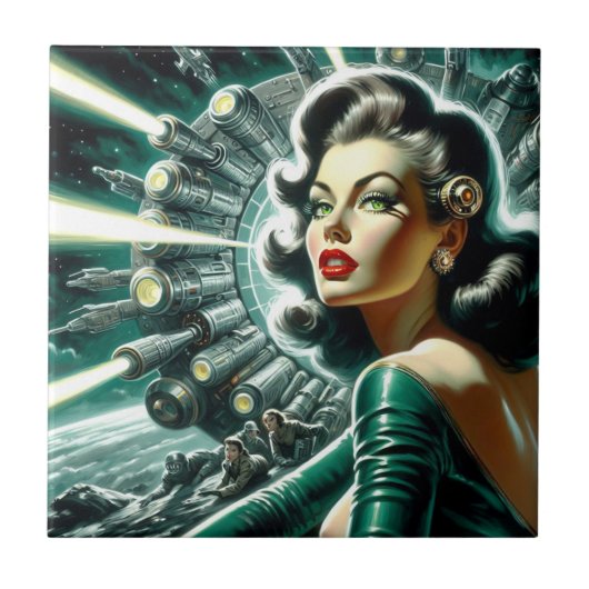 Vintage Sci-fi-FrauenIllustration Fliese (Vorderseite)