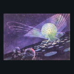 Vintage Science Fiction, a Glowing Orb with Aliens Poster<br><div class="desc">Vintage illustration futuristic planets and outer space science fiction image set in the future. A classic 50s retro sci fi comic book design featuring a glowing orb with lights circling on a foreign planet and aliens in pod vehicles driving towards it.</div>