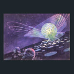 Vintage Science Fiction, a Glowing Orb with Aliens Poster<br><div class="desc">Vintage illustration futuristic planets and outer space science fiction image set in the future. A classic 50s retro sci fi comic book design featuring a glowing orb with lights circling on a foreign planet and aliens in pod vehicles driving towards it.</div>