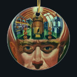 Vintage Science Fiction, Alien Brain im Labor Keramikornament<br><div class="desc">Vintage Illustration futuristische Science Fiction Außerirdischen und Roboter Bild mit einem Mann, dessen Gehirn exponiert zeigt ein Labor. Ein klassisches Comic-Buch-Design mit einem Cyborg-Wissenschaftler mit seiner Hand in sein Kinn mit einem intensiven Blick auf sein Gesicht und sieht aus, als ob er an die Zukunft denkt oder vielleicht gerade in...</div>