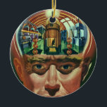 Vintage Science Fiction, Alien Brain im Labor Keramikornament<br><div class="desc">Vintage Illustration futuristische Science Fiction Außerirdischen und Roboter Bild mit einem Mann, dessen Gehirn exponiert zeigt ein Labor. Ein klassisches Comic-Buch-Design mit einem Cyborg-Wissenschaftler mit seiner Hand in sein Kinn mit einem intensiven Blick auf sein Gesicht und sieht aus, als ob er an die Zukunft denkt oder vielleicht gerade in...</div>