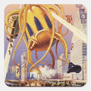 Vintage-Science-Fiction-Alien-Kriegsinvasion Oktop Quadratischer Aufkleber
