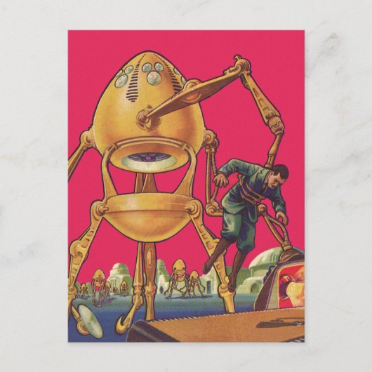 Vintage Science Fiction Alien Robot Captures Man Postkarte (Vorderseite)