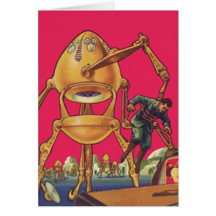 Vintage-Science-Fiction-Alien-Roboter-erfasst-Mann