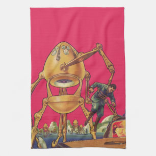 Vintage-Science-Fiction-Alien-Roboter ergreift Man Handtuch
