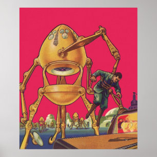 Vintage-Science-Fiction-Alien-Roboter ergreift Man Poster