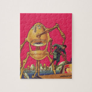 Vintage Science-Fiction-Alien-Roboter ergreift Man Puzzle