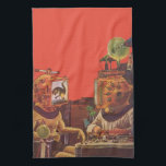 Vintage Science Fiction, Alien Steam Punk Helme Küchentuch<br><div class="desc">Vintage Illustration futuristische Science Fiction Steampunk Laborbild. Ein klassisches 50er Retro-Sci-Fi-Design mit zwei Personen,  die zukünftig mit Videohelmen kommunizieren. Einer der Helme hat einen Dinosaurier auf dem Bildschirm. Ein Wissenschaftler ist verantwortlich für die Maschinen und führt das Experiment.</div>