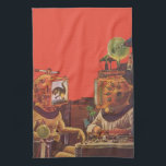Vintage Science Fiction, Alien Steam Punk Helme Küchentuch<br><div class="desc">Vintage Illustration futuristische Science Fiction Steampunk Laborbild. Ein klassisches 50er Retro-Sci-Fi-Design mit zwei Personen,  die zukünftig mit Videohelmen kommunizieren. Einer der Helme hat einen Dinosaurier auf dem Bildschirm. Ein Wissenschaftler ist verantwortlich für die Maschinen und führt das Experiment.</div>