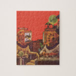 Vintage Science Fiction, Alien Steam Punk Helme Puzzle<br><div class="desc">Vintage Illustration futuristische Science Fiction Steampunk Laborbild. Ein klassisches 50er Retro-Sci-Fi-Design mit zwei Personen,  die zukünftig mit Videohelmen kommunizieren. Einer der Helme hat einen Dinosaurier auf dem Bildschirm. Ein Wissenschaftler ist verantwortlich für die Maschinen und führt das Experiment.</div>