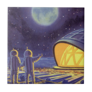 Vintage-Science-Fiction-Aliens auf dem blauen Plan Fliese