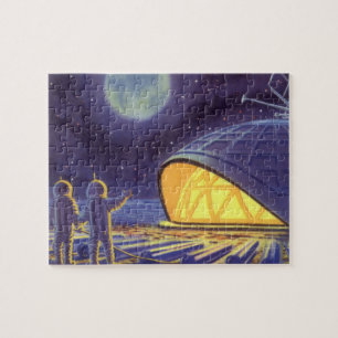 Vintage Science-Fiction-Aliens auf dem blauen Plan Puzzle