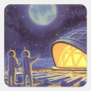 Vintage-Science-Fiction-Aliens auf dem blauen Plan Quadratischer Aufkleber